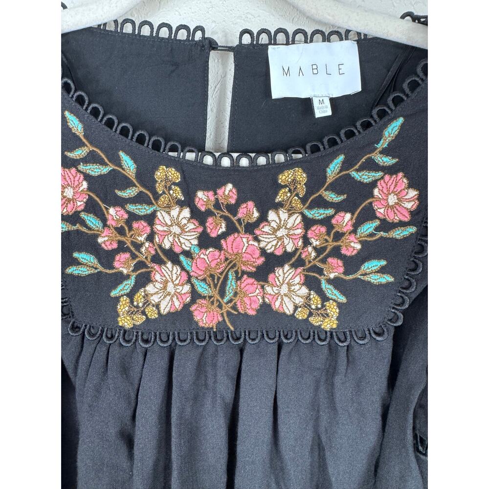 Mable by Anthropologie Black Floral Embroidery Puff Sleeve Womens size Medium - Picture 2 of 8